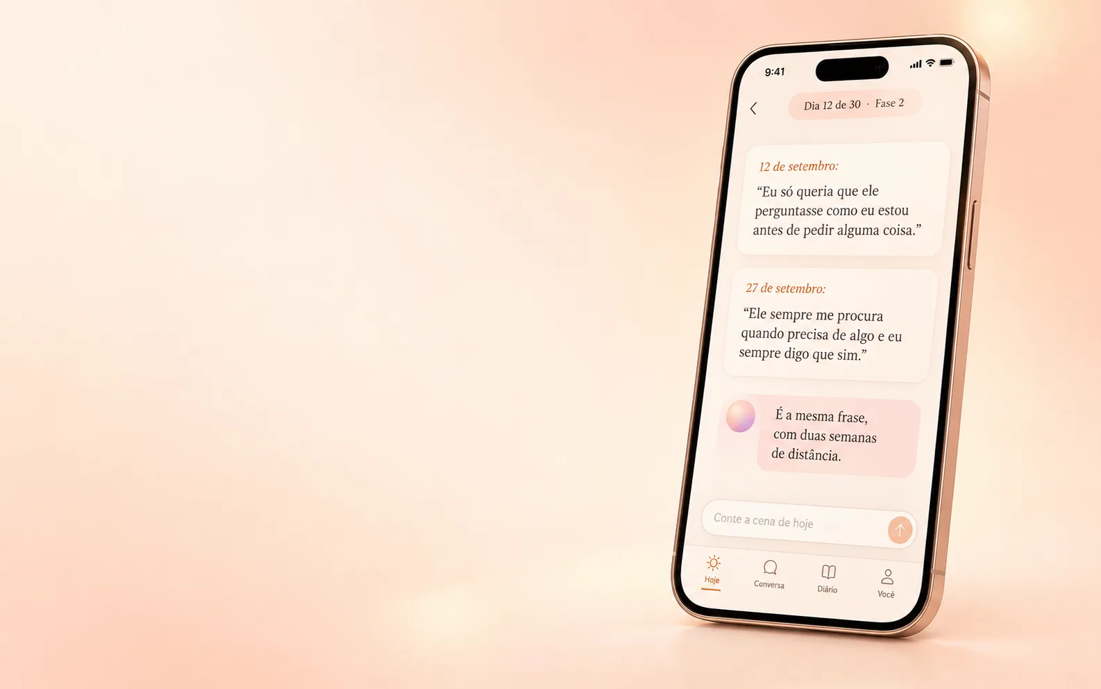 Tela do app Moreh AI no celular: duas frases suas, com data, lado a lado