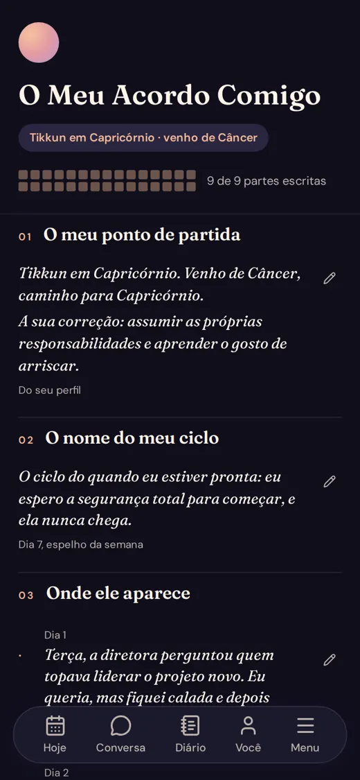 O Meu Acordo Comigo, com as partes escritas pela própria pessoa