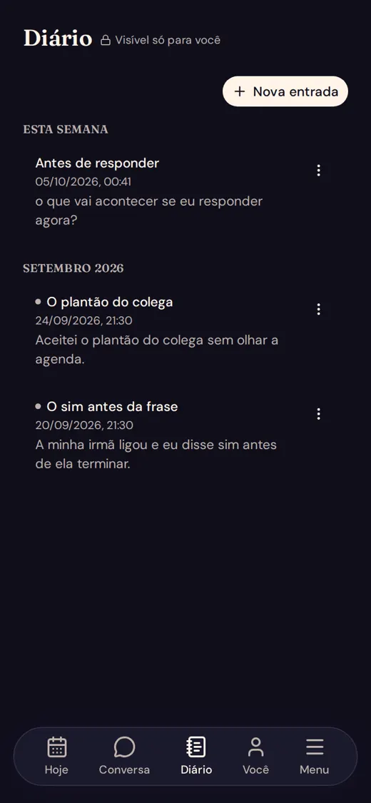 Diário com as entradas da pessoa, visível só para ela
