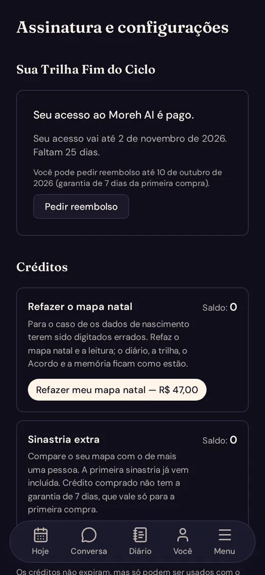 Página Assinatura com o botão "Pedir reembolso"